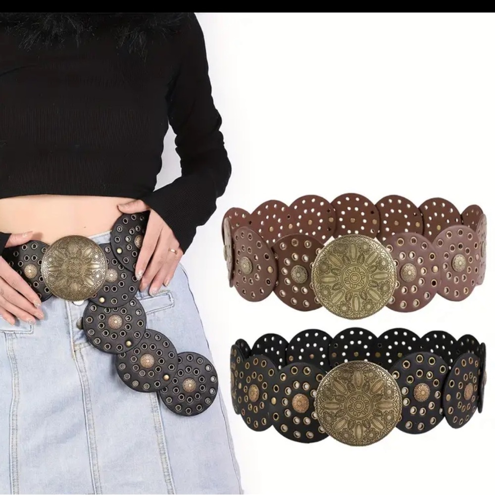 Round Boho Western BELT Medallion Dark Brown or Black Concho Disc PU Leather - Picture 1 of 10